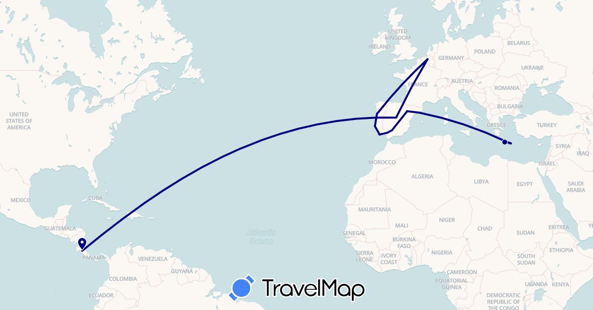 TravelMap itinerary: driving in Belgium, Costa Rica, Spain, Greece, Portugal (Europe, North America)