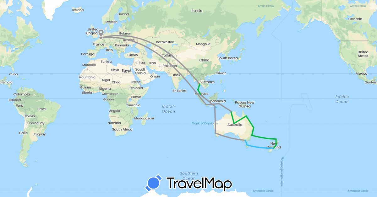 TravelMap itinerary: driving, bus, plane, boat in Australia, Belgium, Indonesia, Malaysia, New Zealand, Thailand (Asia, Europe, Oceania)