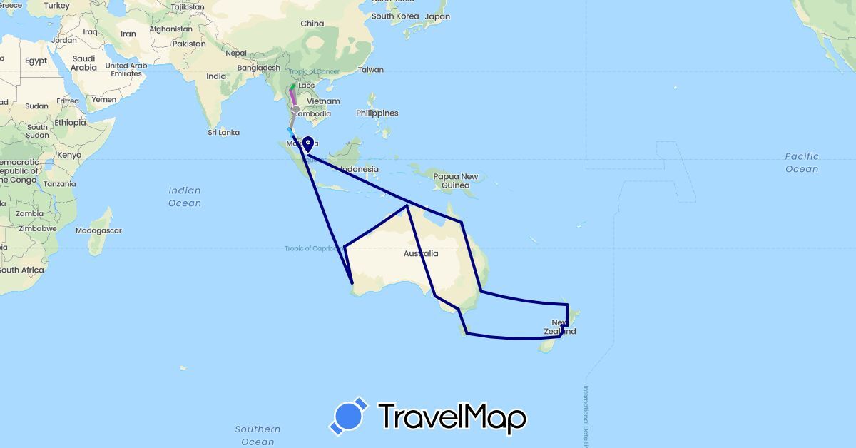TravelMap itinerary: driving, bus, plane, train, boat in Australia, Malaysia, New Zealand, Singapore, Thailand (Asia, Oceania)