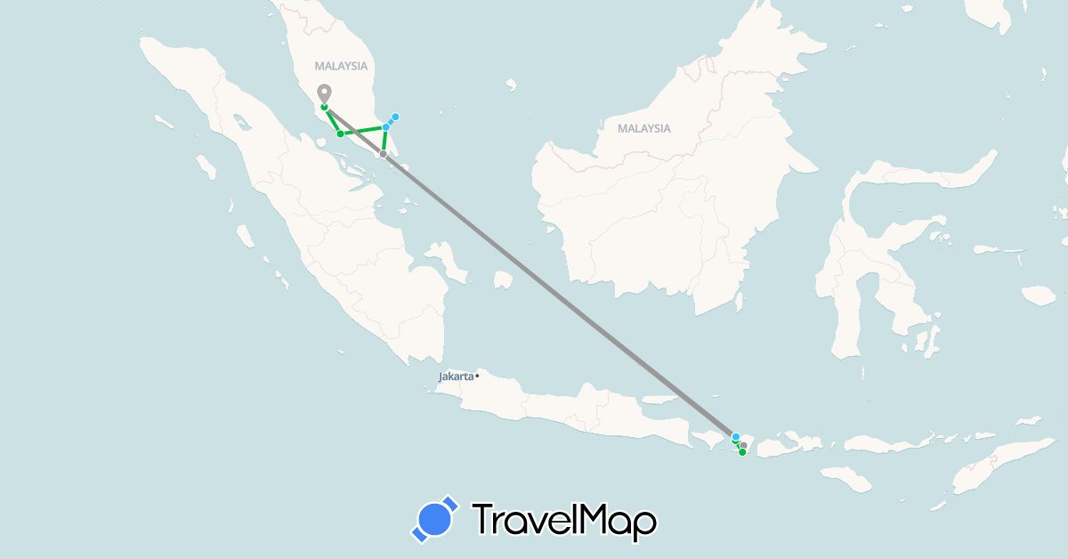 TravelMap itinerary: bus, plane, boat in Indonesia, Malaysia (Asia)